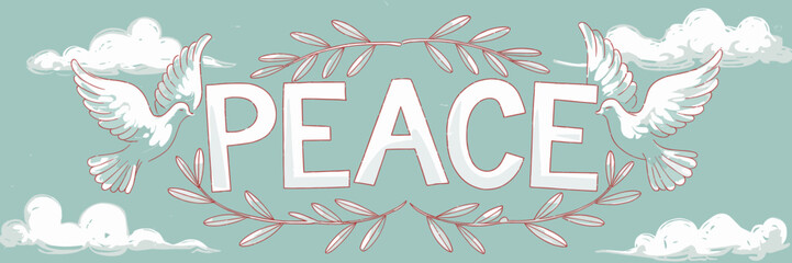 Fototapeta premium Soft pastel vector illustration of peace text with doves and olive branches in blue sky – Suitable for peace campaigns, calmness, or spirituality content