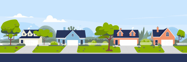 Vector illustration of suburban neighborhood with white picket fences varied houses and trees – ideal for family life, housing market, and neighborhood community themes