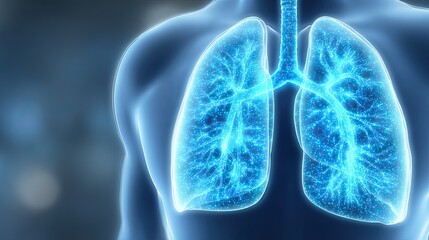 Glowing illustration of human lungs with a network of arteries and veins in blue
