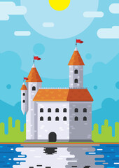 Cartoon-style castle with red roofs by a lake under sunny sky in flat vector design.