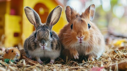 Rabbit and hamster in a pet play area