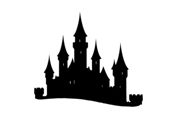 Silhouette of a medieval castle with towers and battlements on a transparent background with copy space
