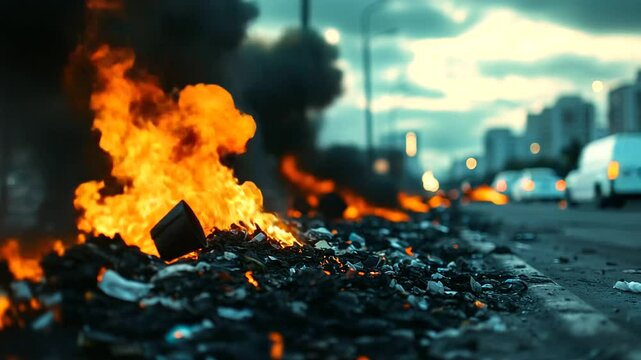 A burning pile of trash in a city street, flames jumping high as black smoke fills the sky, discarded objects consumed by fire, leaving only charred remnants
