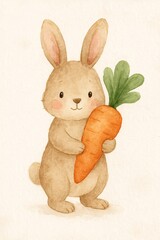Obraz premium Watercolor Illustration of a Cute Baby Bunny Holding a Carrot