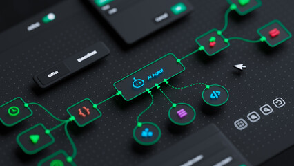 AI workflow automation artificial intelligence software interface nodes triggers data tool dashboard coding icon flow process technology 3d rendering.