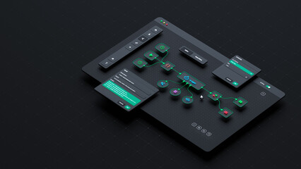 AI workflow automation artificial intelligence software interface nodes triggers data tool dashboard coding icon flow process technology 3d rendering.