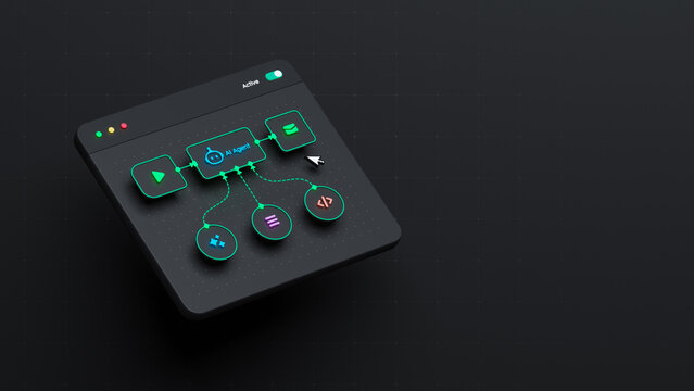 AI workflow automation artificial intelligence software interface nodes triggers data tool dashboard coding icon flow process technology 3d rendering.