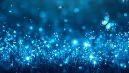 Seamless looping video background. Magical blue butterflies flying in glowing meadow
 - Powered by Adobe