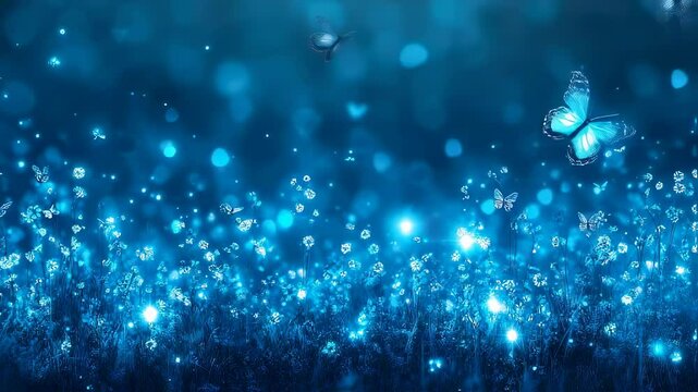 Seamless looping video background. Magical blue butterflies flying in glowing meadow
