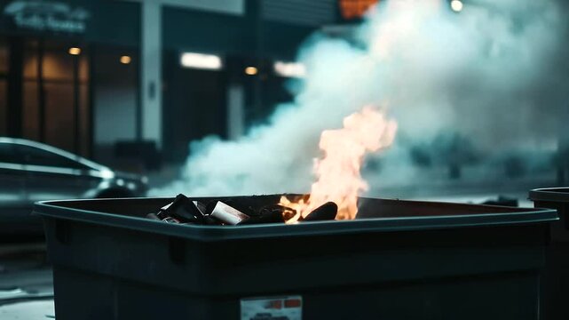 A fire in a large dumpster behind a restaurant, smoke billowing out and flames licking at the sides as the contents of the trash are burned away