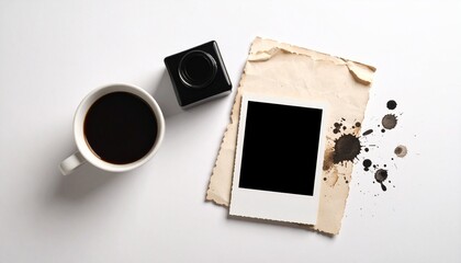 Vintage Photo Blank Instant Coffee Inkwell Aged Paper Flatlay.