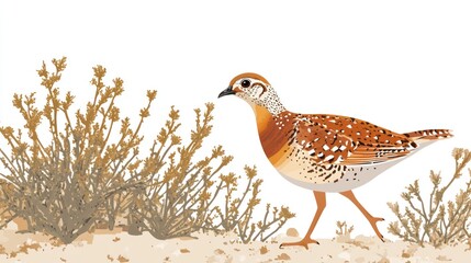 A detailed illustration of a small, speckled bird, predominantly orange and brown, walking amidst low-lying desert shrubs on a sandy surface, set against a clean white background