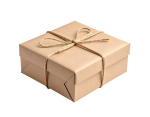 Brown gift box wrapped with twine ribbon on transparent background