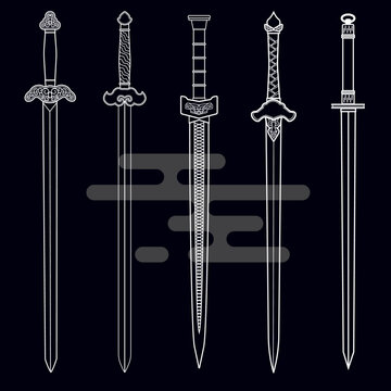 Vintage Chinese Jian Sword Line Drawing Vector &ndash; Asian Blade Clip Art for Martial Arts Posters, Ancient Warrior Themes, Cultural Decoration, and Engraving Style Design