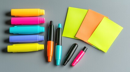 Set of marker pens and sticky notes in various colors