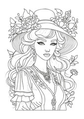 Fototapeta premium Portrait of a beautiful young woman in a wide-brimmed hat decorated with peonies. Coloring for children and adults. Illustration for coloring.