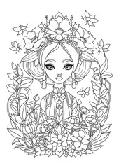 Portrait of a cute girl in the garden, with her hair decorated with flowers. Coloring page. Illustration for coloring.