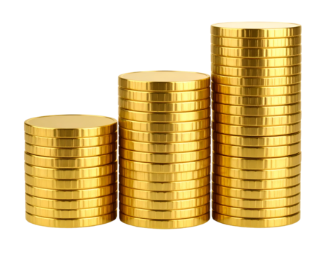 Stacked gold coins in varying heights arrangement. Isolated transparent background