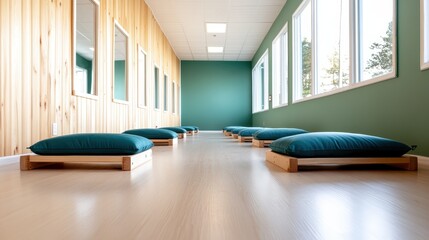 A serene room designed for relaxation, featuring comfortable cushions that invite mindfulness and tranquility, perfect for yoga or meditation practices.