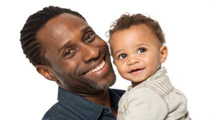 Hyper-realistic close-up of a smiling father holding his toddler, both looking at the camera, isolated on transparent background