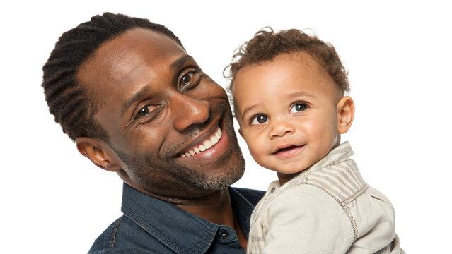 Hyper-realistic close-up of a smiling father holding his toddler, both looking at the camera, isolated on transparent background - Powered by Adobe
