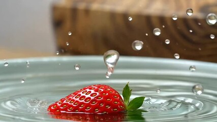 Slow-motion splash of a ripe strawberry falling into water - Powered by Adobe