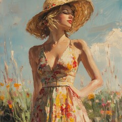 Sleeveless dress with straw hat
