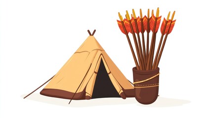 A tan conical tent sits beside a quiver full of arrows with orange fletching, set against a stark white background.  The scene suggests a nomadic or primitive encampment