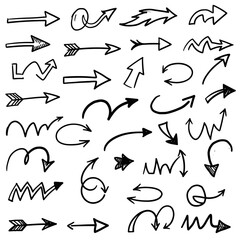 hand drawn pencil arrows. Doodle curved chalk darts. Vector set of different direction black arrows. Vector illustration