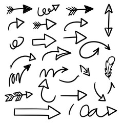 hand drawn pencil arrows. Doodle curved chalk darts. Vector set of different direction black arrows. Vector illustration