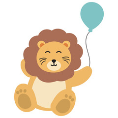 Cute Cartoon Lion Holding Balloon in Flat Vector Style

