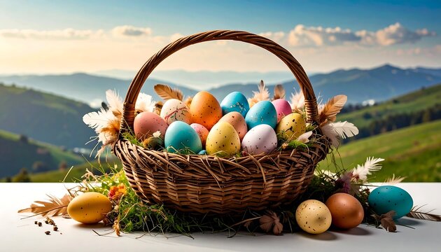 Easter eggs basket with mountain view.