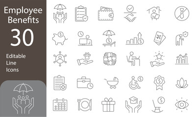 Employee Benefits Editable Line Icons Set. Retirement plan, paid time off, dental coverage, vision benefits, life insurance, Vector illustration