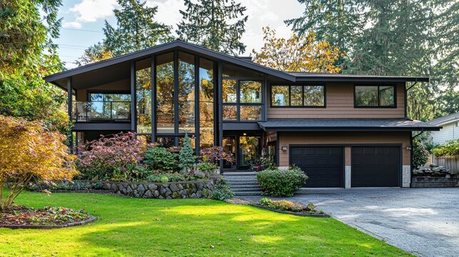 Split-level home with multi-level floors and large windows