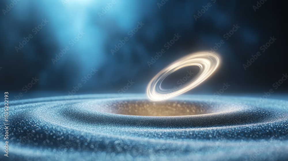Poster a captivating representation of a cosmic phenomenon featuring a glowing ring above a swirling mass, 