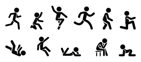 stick figure people icon, pictogram man, isolated human silhouette, people stand, sit, go	
