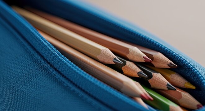 Close-up of colorful pencils inside a blue pencil case, stationery items - Powered by Adobe