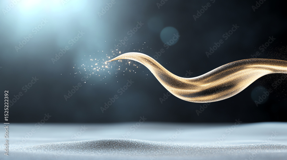 Poster A close-up image showcasing a fluid golden wave with floating particles, representing beauty and elegance in science and art.