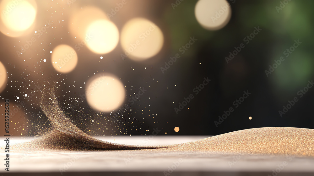 Poster a close-up of fine sand moving gracefully, illuminated by mesmerizing light, creating a tranquil and