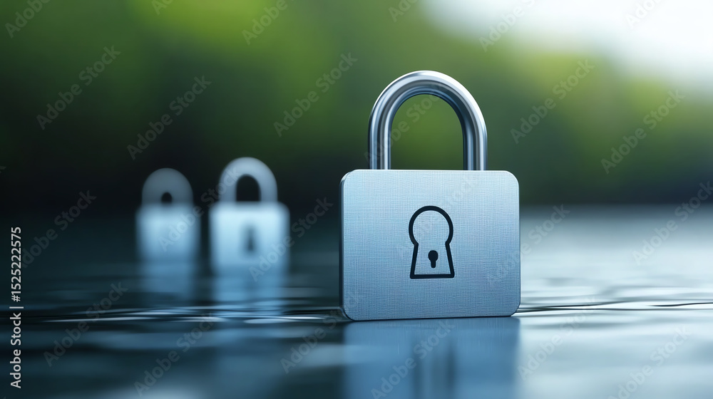 Poster a close-up of silver padlocks floating on water, symbolizing security and protection in a digital ag