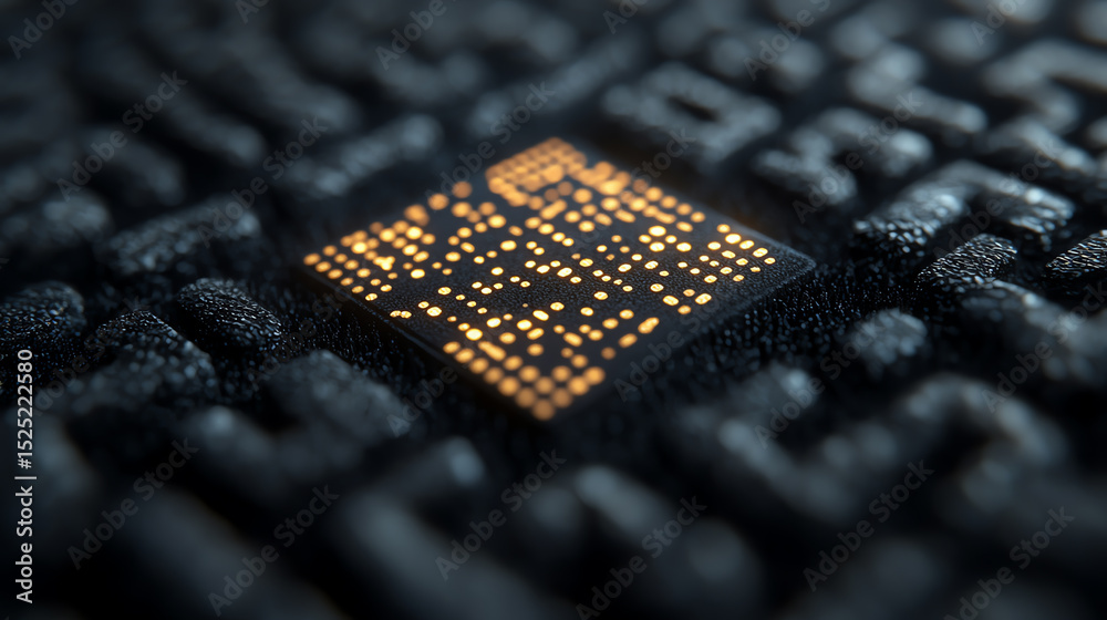Poster A close-up view of a microchip on a dark textured surface, showcasing intricate designs and glowing elements in a modern tech environment.