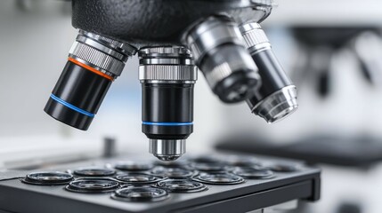 Fototapeta premium Microscope in laboratory setting with multiple lenses and specimen slide.
