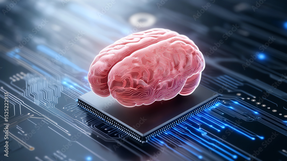 Aufkleber A digital illustration of a brain on a microchip, symbolizing artificial intelligence and cognitive computing.