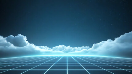 A digital landscape featuring a horizon of clouds under a futuristic blue sky with grid lines, symbolizing innovation and vision.