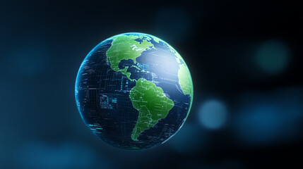 Fototapeta premium A digital representation of Earth emphasizing technology and global connectivity, showcasing vibrant land and oceans.