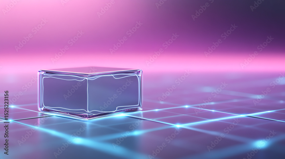 Poster A futuristic 3D rendering of a transparent cube on a glowing grid, embodying innovation and digital concepts.