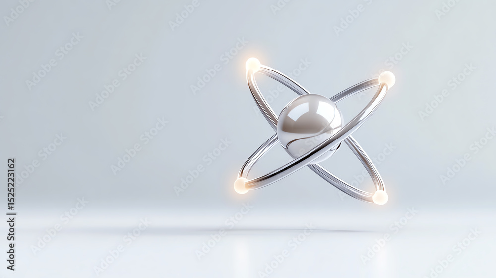 Poster a futuristic 3d model of an atom with glowing elements, symbolizing innovation and advanced technolo
