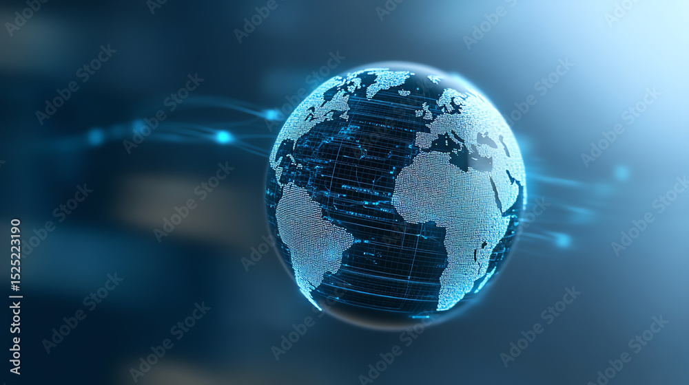 Poster a futuristic globe representing global connectivity and technology advancements in a digital age.