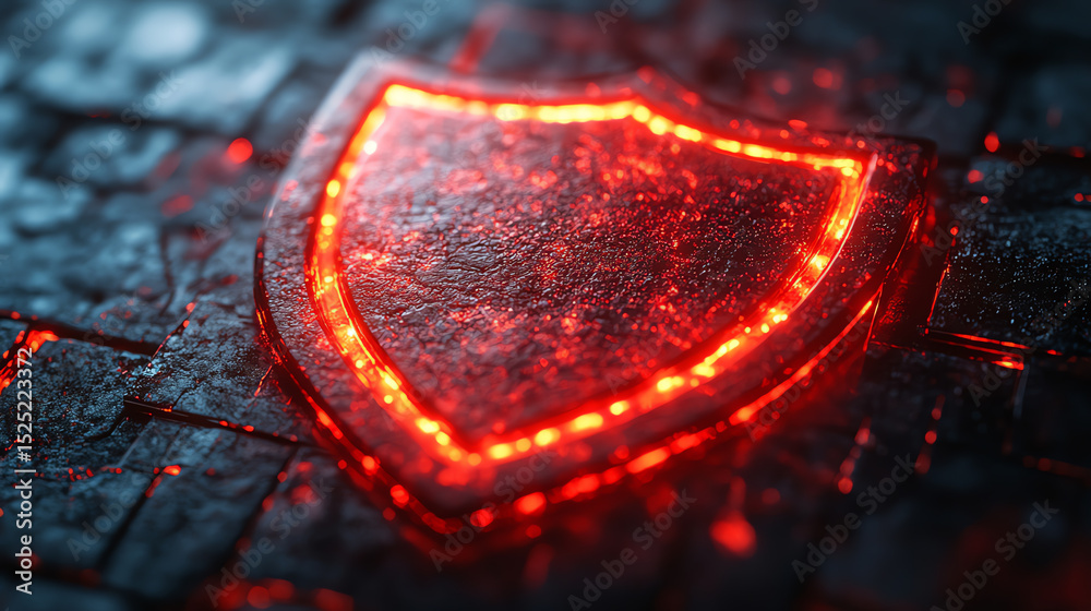 Poster a glowing red shield symbolizes protection and security in a digital world, set against a textured d