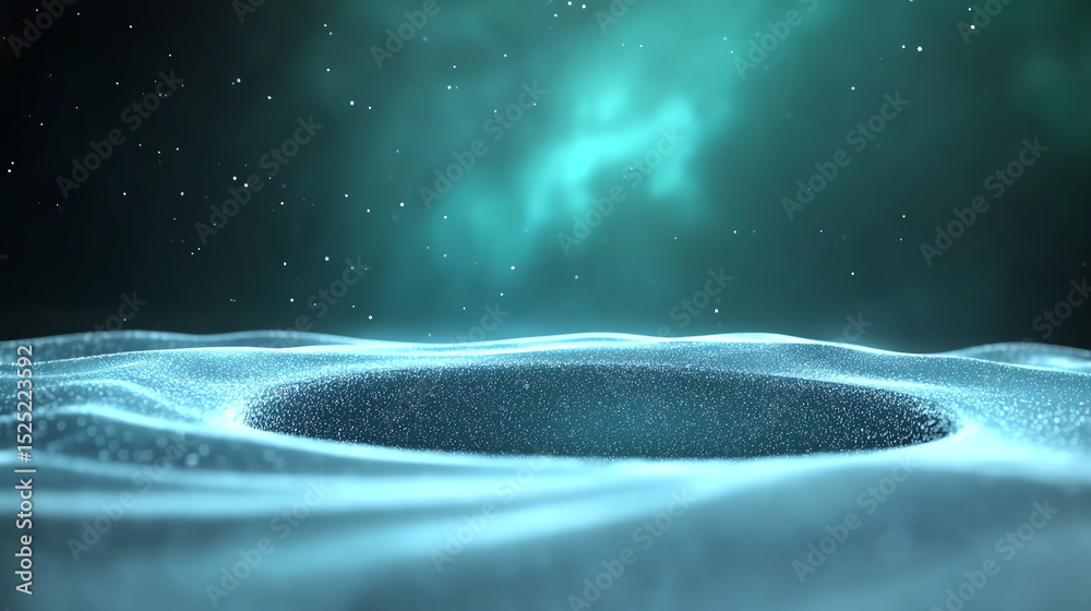 Poster A mesmerizing abstract depiction of a cosmic landscape, showcasing a glowing circular vortex surrounded by shimmering particles.